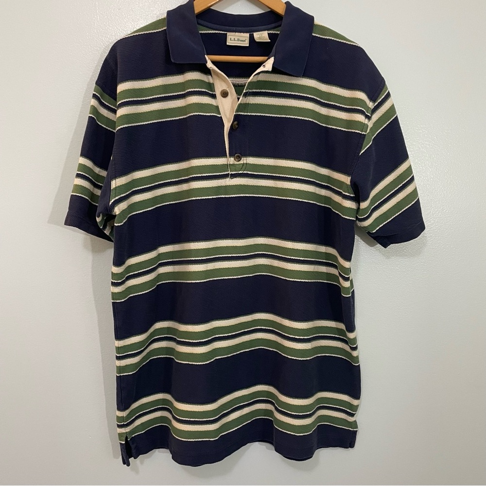 L.L.Bean Vintage Blue and Green Striped Polo Shirt Large Tall